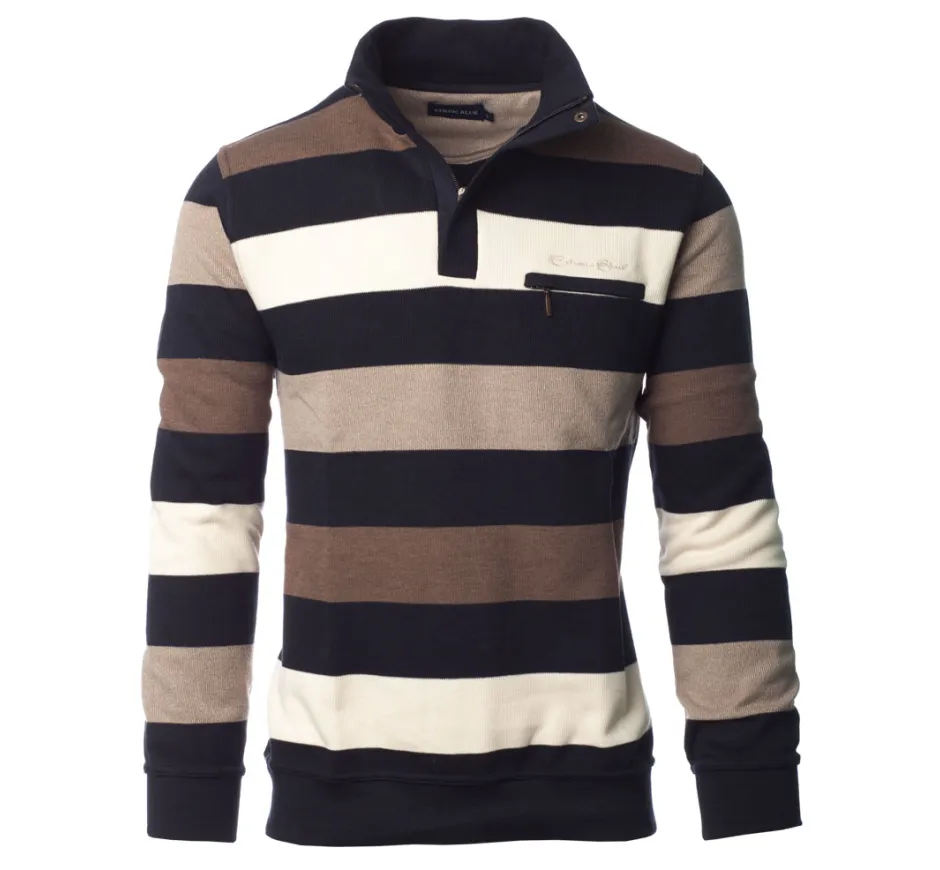 Sweat rayé col pressionné MARINE ECRU BEIGE MARRON