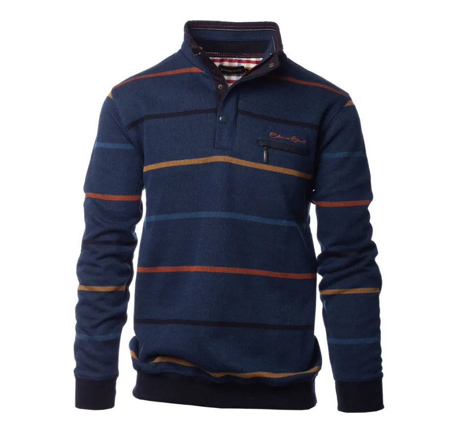 Sweat col zip et boutons bleu denim rayures ocre orange marine