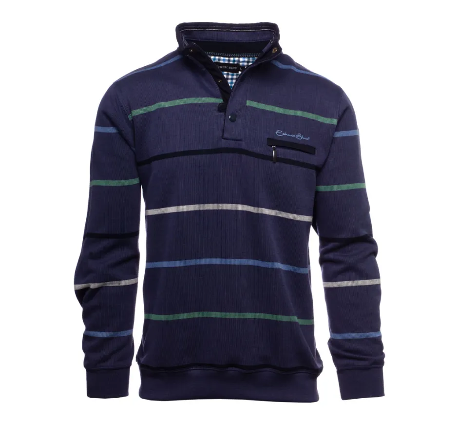 Sweat col zip et boutons BLEU DENIM rayures vert noir écru