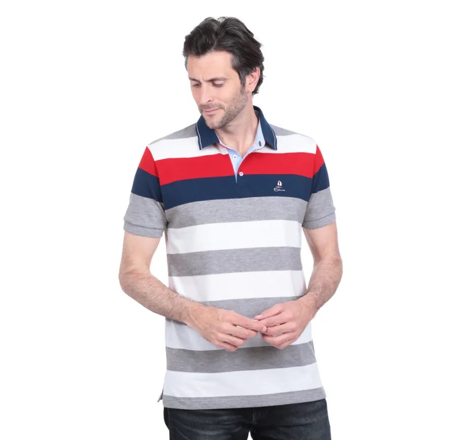 Polo piqué manches courtes larges rayures BLANC ROUGE GRIS CLAIR