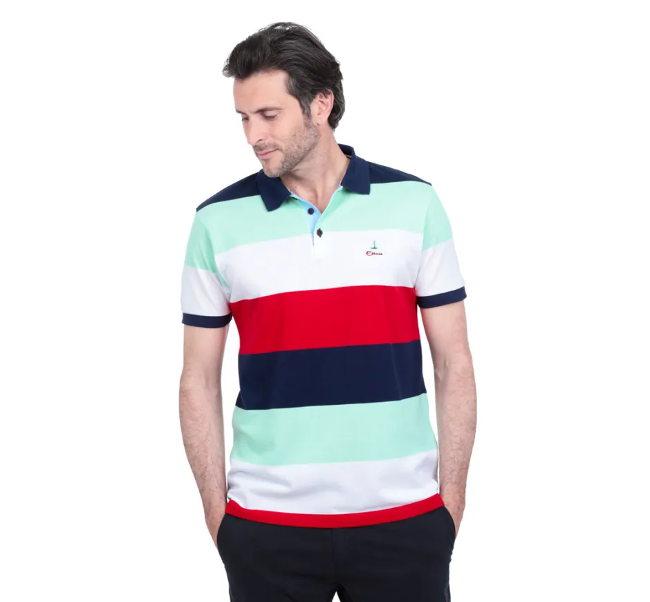 Polo piqué manches courtes larges rayures ROUGE MARINE BLANC AQUA