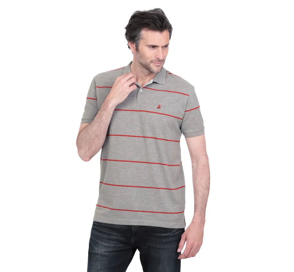 Polo piqué manches courtes GRIS fines rayures ORANGE