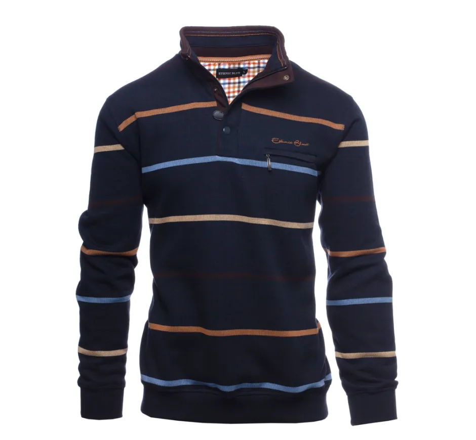 Sweat col zip et boutons MARINE rayures sable caramel bleu