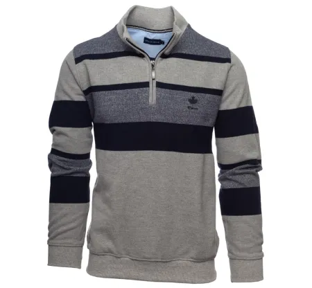 Sweat Col Zippé Gris Rayé - Confort et Élégance