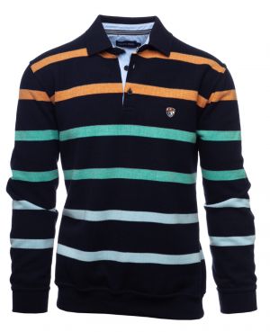 Navy Polo with Peach, Green, and Sky Blue Stripes - Cozy Fleece Comfort