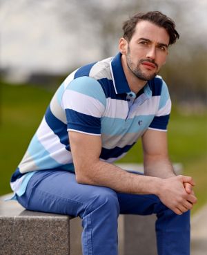 Short sleeve polo-shirt, SKY BLUE / INDIGO / WHITE / GREY stripes