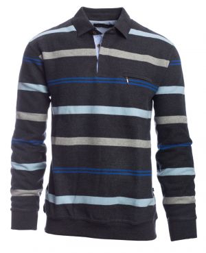 Long sleeve polo-shirt, DARK GREY / BLUE / GREY / SKY BLUE stripes pocket