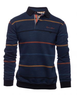 Long sleeve polo-shirt, DENIM BLUE/ NAVY / CURRY /ORANGE stripes