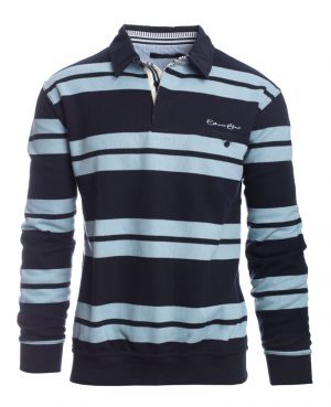 Long sleeve polo-shirt, pocket, NAVY / SKY BLUE stripes