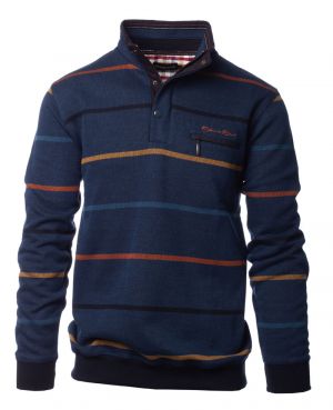 High neck striped sweater zip and buttons blue orange ocher navy