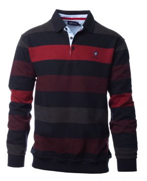 Long sleeve polo-shirt, DARK GREY / NAVY / RED / BURGUNDY stripes