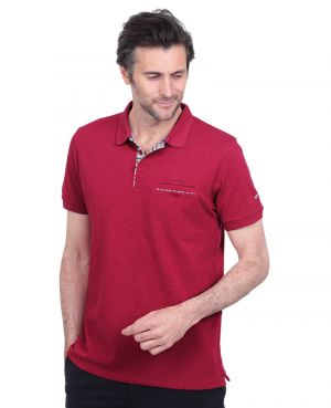 Short sleeve polo-shirt, RASPBERRY melange piqu with pocket