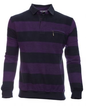 Long sleeve polo-shirt, pocket, NAVY / PURPLE stripes
