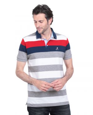 Short sleeve polo-shirt, with large WHITE RED LIGHT GRAY stripes