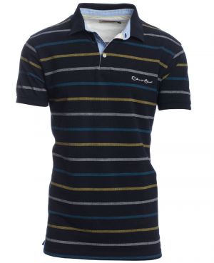 Short sleeve polo-shirt, NAVY with blue, yellow and white stripes