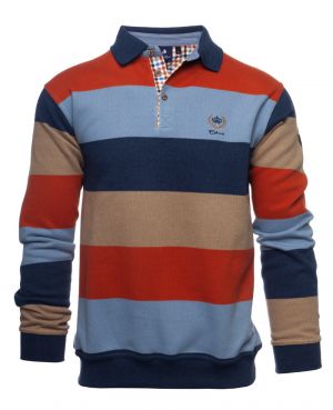 Long sleeve polo-shirt, ORANGE / DENIM BLUE / SKY / BEIGE stripes
