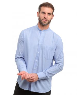 Blue Mandarin Collar Shirt in Linen and Cotton Blend - Breathability and Easy Care