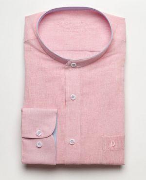 Pink Mandarin Collar Shirt in Linen and Cotton Blend - Breathability and Easy Care