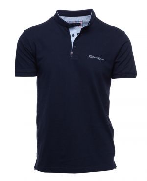 Navy Piqu Knit Polo with Mandarin Collar - Casual Elegance Made in Portugal