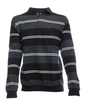 Long sleeve polo-shirt, pocket, ANTHRACITE / BLACK / WHITE stripes