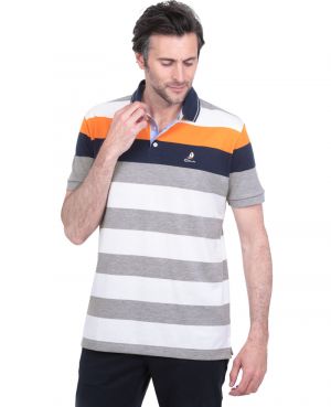 Short sleeve polo-shirt, with large WHITE ORANGE LIGHT GRAY stripes