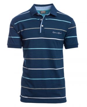 Short sleeve polo-shirt, INDIGO / SKY BLUE / GREY stripes in JERSEY