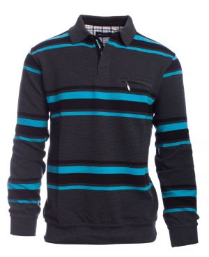 Polo, DARK GREY / TURQUOISE / BLACK stripes fancy knit, zipped pocket 3XL 4XL