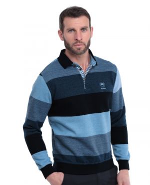 Long sleeve polo-shirt, NAVY / DENIM / SKY / BLUE stripes