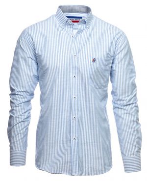 Chemise manches longues LIN, larges rayures bleu