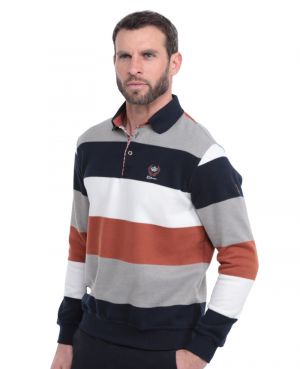Long sleeve polo-shirt, BEIGE / TERRA COTTA / NAVY / WHITE stripes