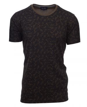 Khaki Piqu Knit T-Shirt with Botanical Print and Side Slits  Portuguese Premium Quality
