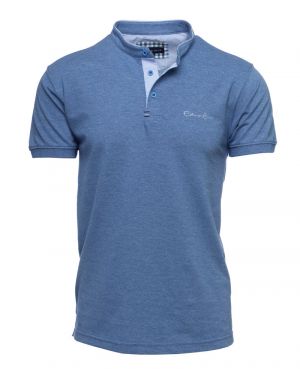 Blue Piqu Knit Polo with Mandarin Collar - Casual Elegance Made in Portugal