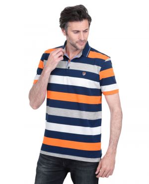 Short sleeve polo-shirt, BLUE / GREY / ORANGE / WHITE stripes