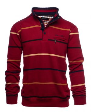 High neck striped sweater zip and buttons red  orange sand navy stripes