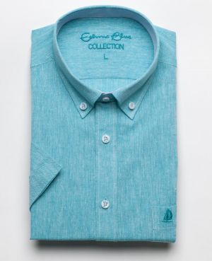 Turquoise short-sleeved shirt in Linen and Cotton Blend - Breathability and Easy Care