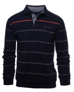Polo shirt in light knit, NAVY stripes coral / grey