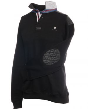 Long sleeve polo-shirt, BLACK with imitation leather elbows and collar