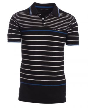 Short sleeve polo-shirt, BLACK with royal blue and white stripes