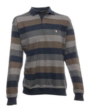 Long sleeve polo-shirt, NAVY  GREY  BROWN stripes