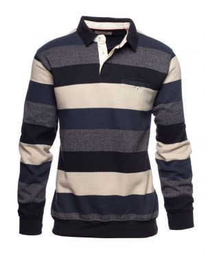 Long sleeve polo-shirt, pocket, WHITE / DARK GREY / GREY / BLUE stripes