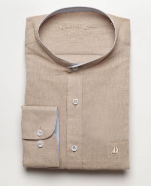 Beige Mandarin Collar Shirt in Linen and Cotton Blend - Breathability and Easy Care