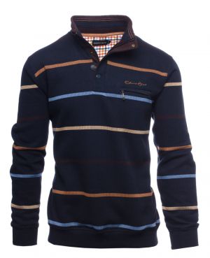 High neck striped sweater zip and buttons navy caramel sand blue stripes