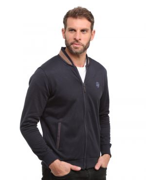 Navy Lightweight Piqu Knit Jacket with Suede Collar  Casual Elegance