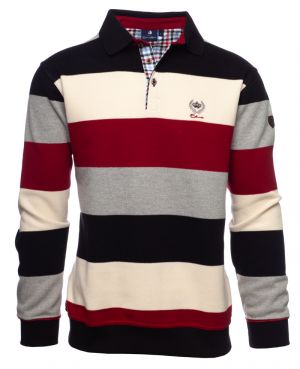 Long sleeve polo-shirt, RED / WHITE / GREY / BLACK stripes