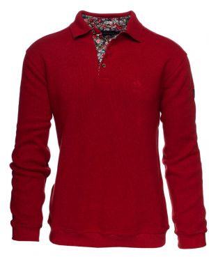 Long sleeve polo-shirt, soft touch RED, floral button placket