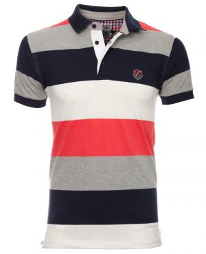 Short sleeve polo-shirt, NAVY / CORAL / WHITE / GREY stripes