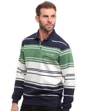 Long sleeve polo-shirt Green Navy White stripes ottoman knit