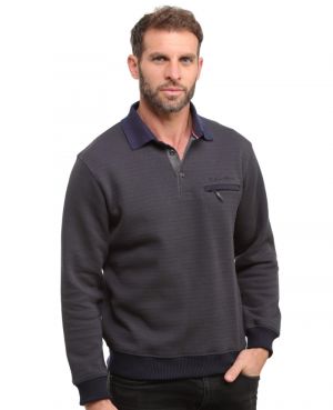 Men's polo shirt honeycomb knit long sleeves, NAVY