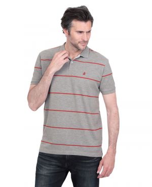 Short sleeve polo-shirt, GREY with ORANGE fine stripes