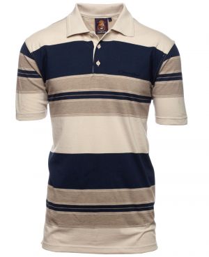 Short sleeve jersey polo-shirt, Beige with navy and brown stripes